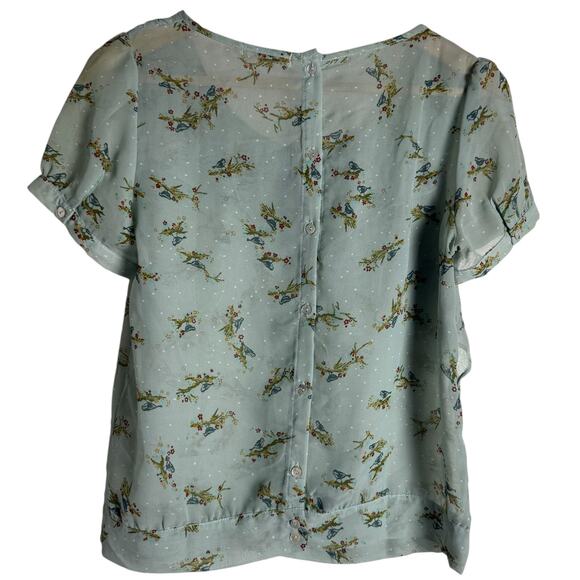 Freebird Light Blue Sheer Floral Bird Ruffled Short Sleeve Blouse Size S - Picture 7 of 8